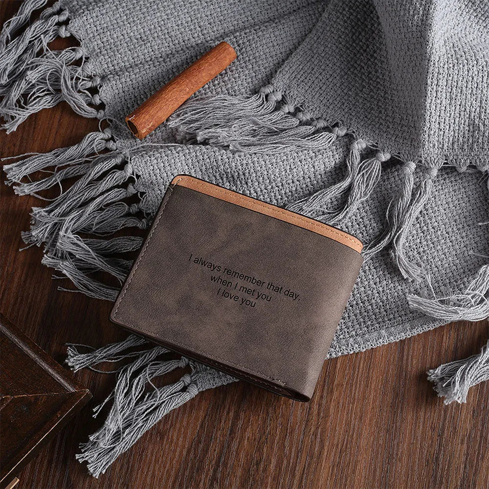 Coffee-coloured engraved horizontal short wallet showing 120x99mm dimensions