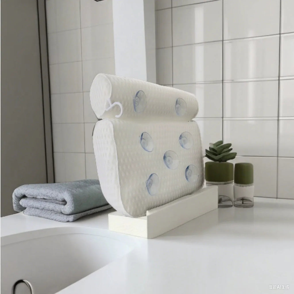 White 3D mesh bathtub pillow with seven suction cups on a bathtub.