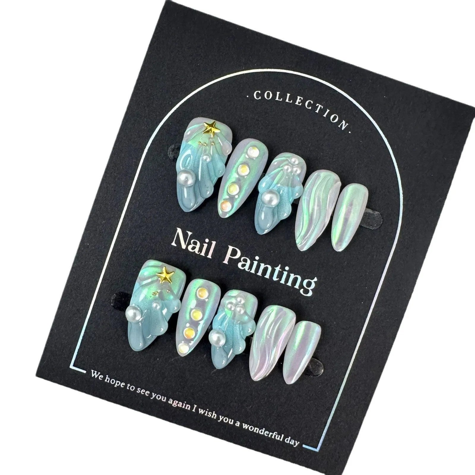 HAILANG blue plastic wearable shell nail tips in sizes XS, S, M, L on a white background.