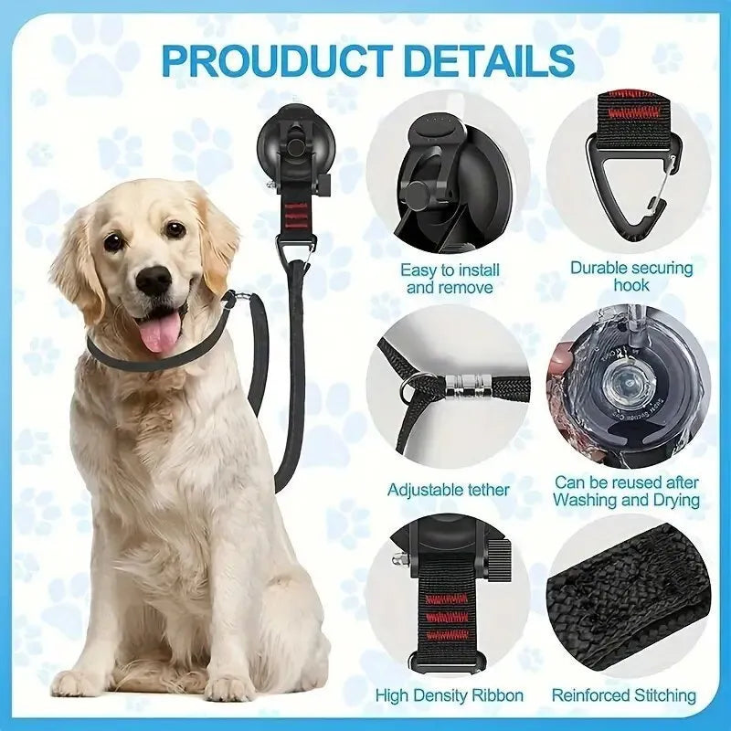 Pet bathing restraint kit with suction cups, traction rope, and handcuffs in black or blue.