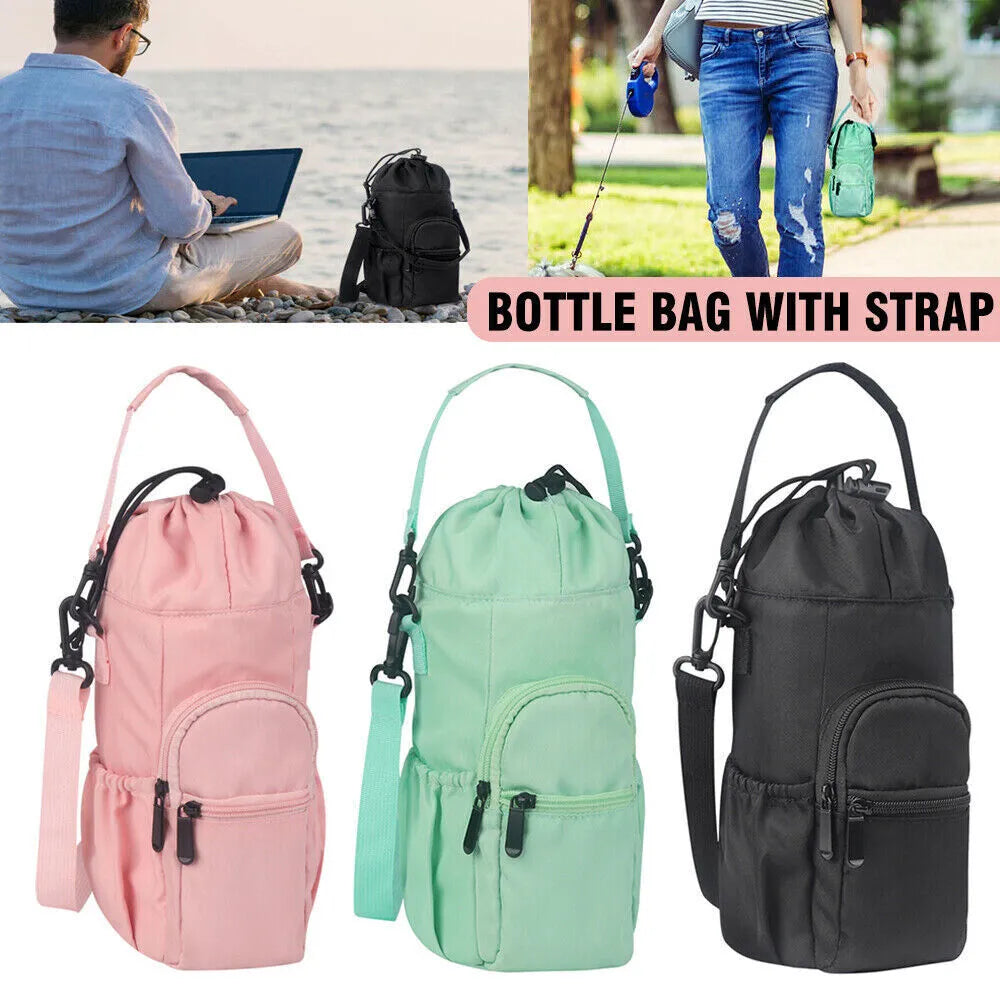 Canvas crossbody water bottle pouch in black green and pink holding a cup