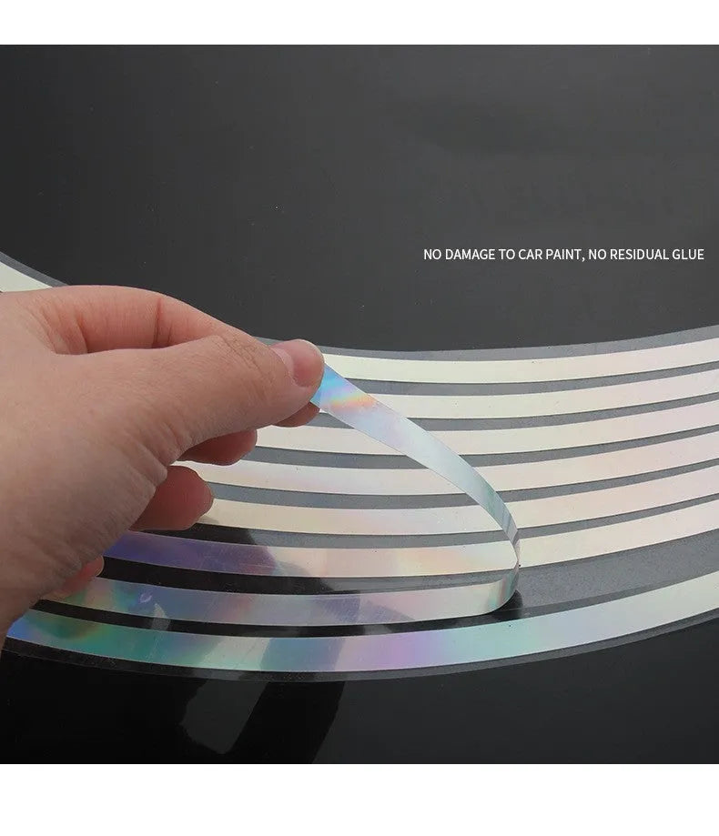 Pack of 16 waterproof laser reflective adhesive wheel hub stickers for cars and motorcycles in four sizes.
