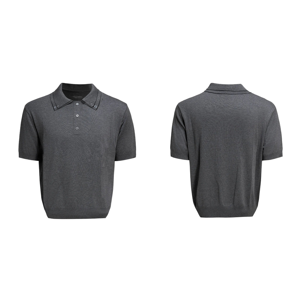 Men's slim fit short sleeve knitted shirt with double collar design in black, grey or white