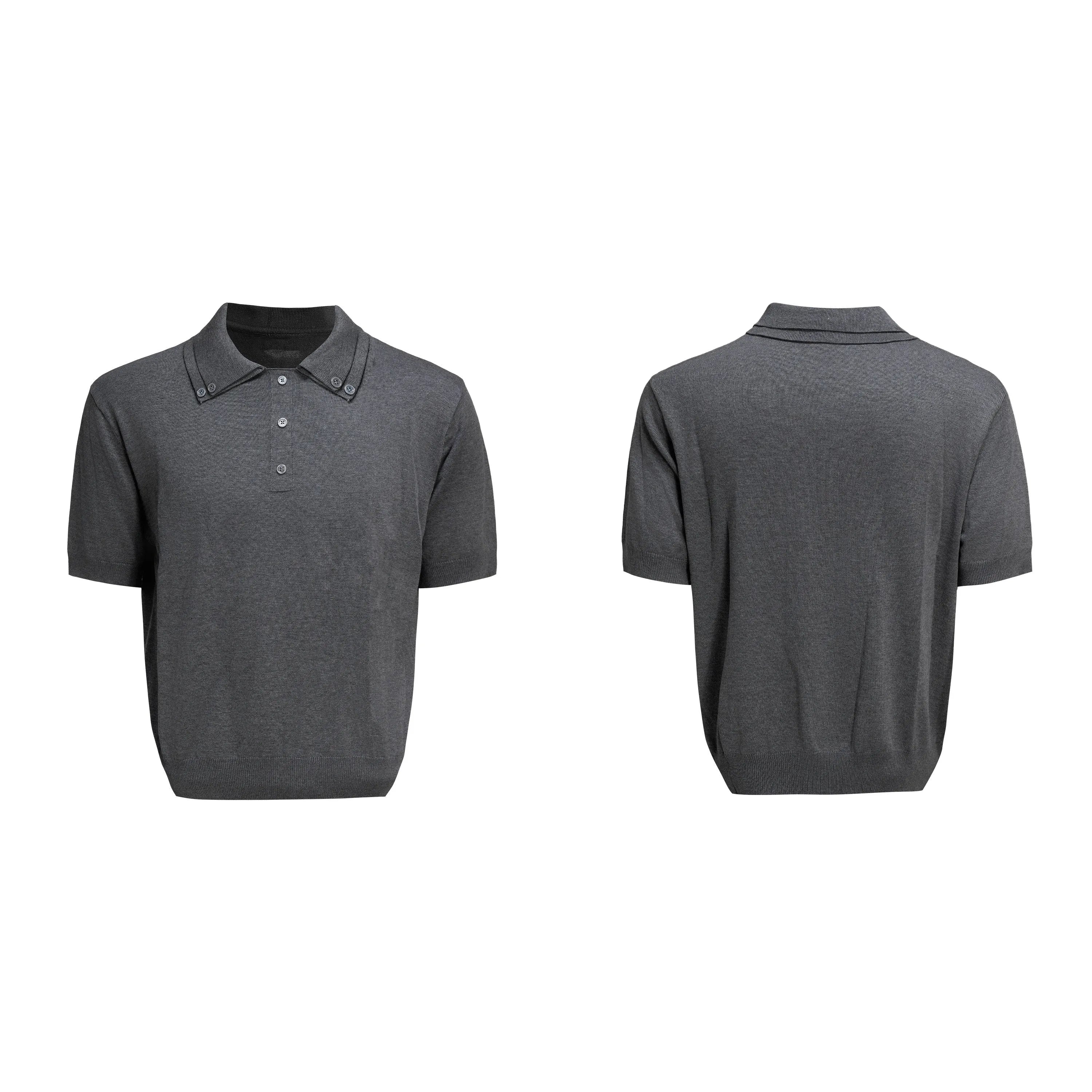 Men's slim fit short sleeve knitted shirt with double collar design in black, grey or white