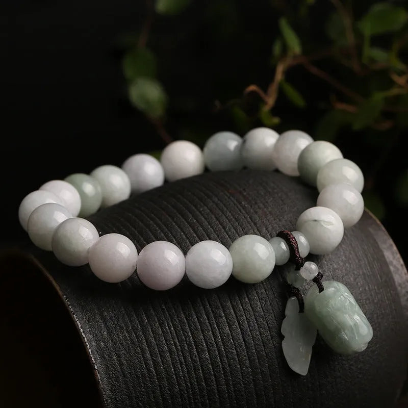 Natural emerald jade bracelet with geometric Maitreya Buddha pendant in adjustable design