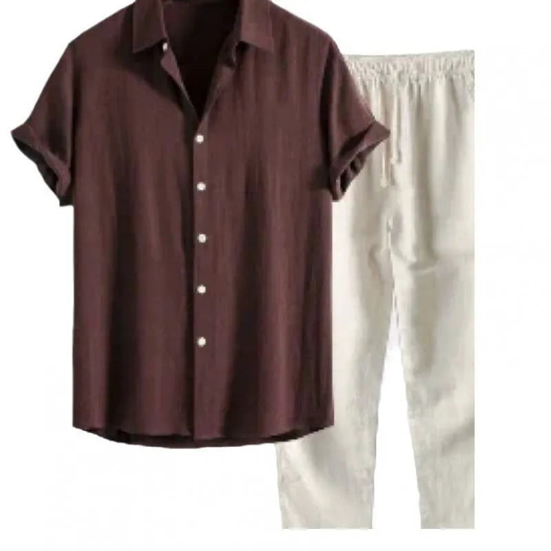 Men's casual short sleeve shirt and trousers suit in polyester linen fabric with loose fit