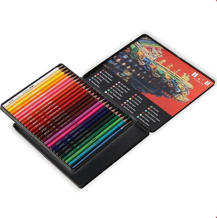 Wooden box open showing 24 water-soluble coloured pencils in various colours.
