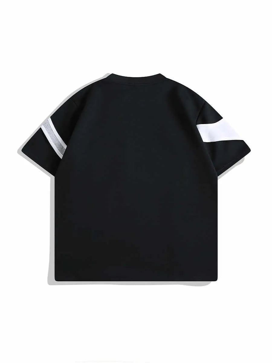 Men's black cotton t-shirt with double-layer stitching and padded shoulder short sleeve strap in loose fit