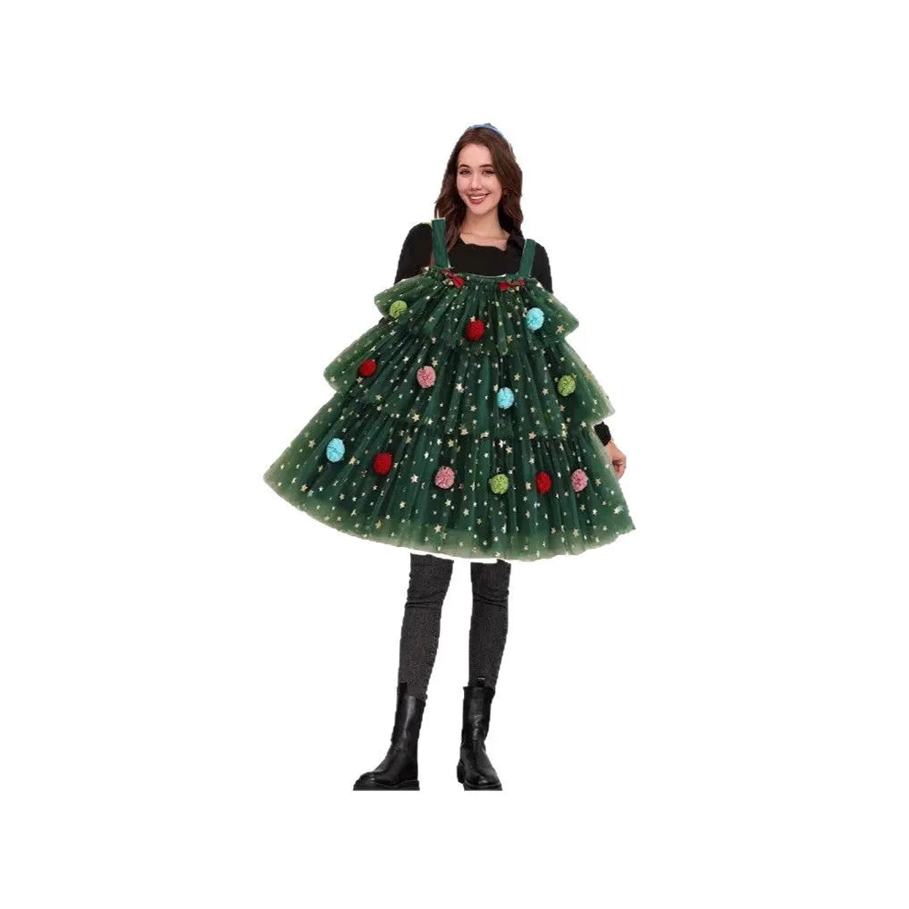 Green mesh polka dot dress with layered tiered skirt and wide waistband