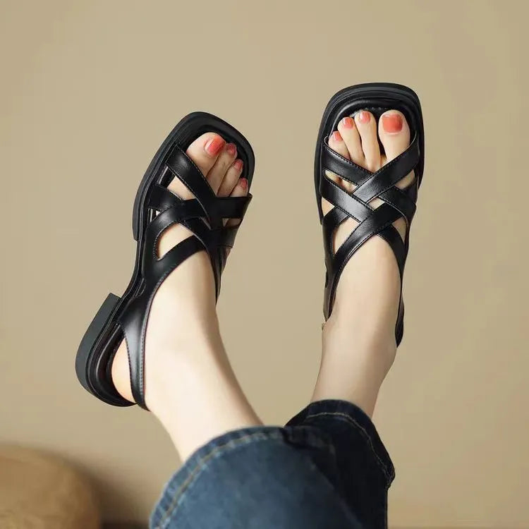 Women's glossy patent leather square toe sandals with cross straps in three colour options