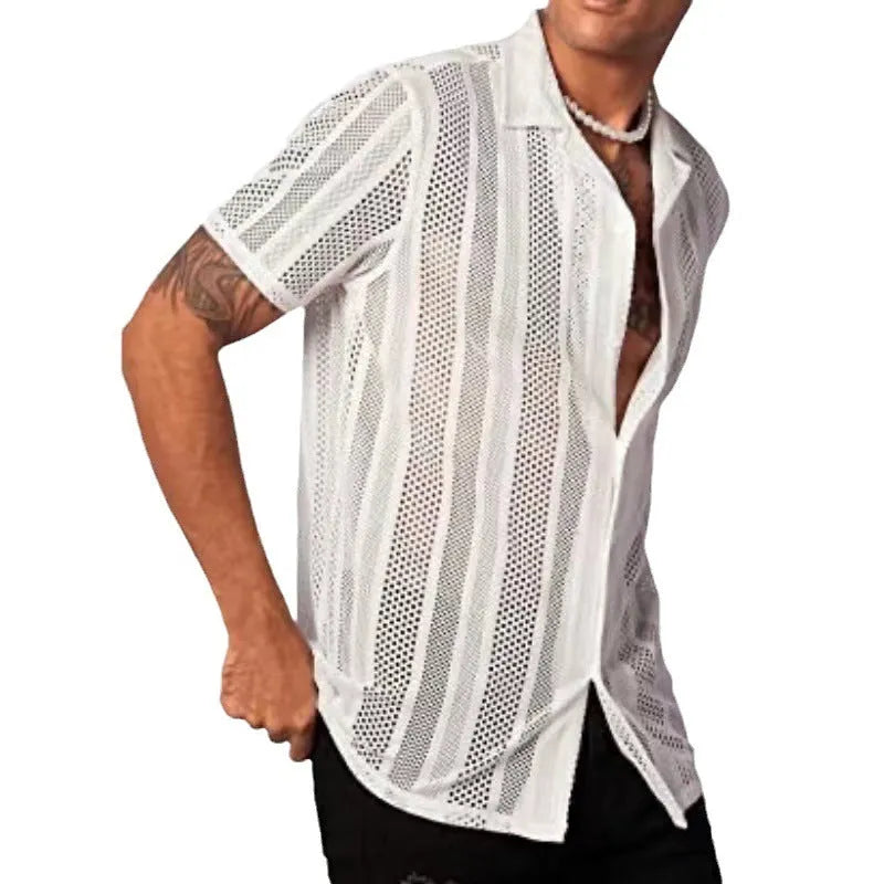Man wearing a black jacquard knit short-sleeve cardigan shirt with button front.