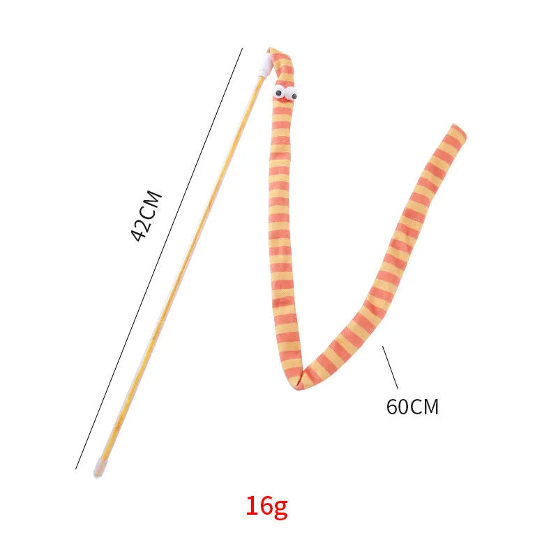 Cat wand toy with polycarbonate pole and long plush strip in vivid colours for interactive feline play