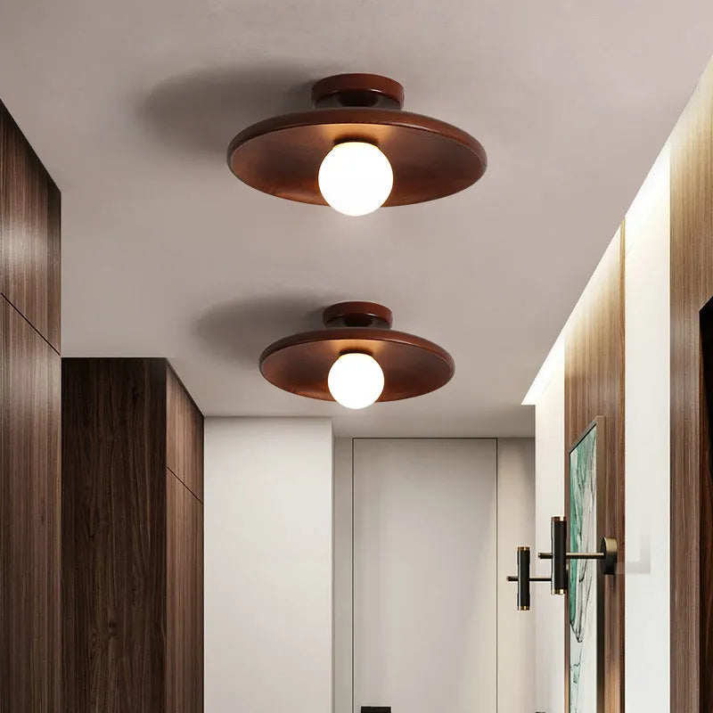 Minimalist solid wood and glass ceiling lamp in walnut colour, 28cm diameter