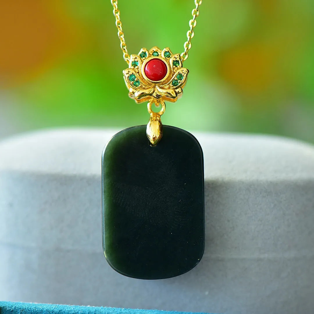 Natural Hetian jade pendant with copper inlay detail on necklace chain
