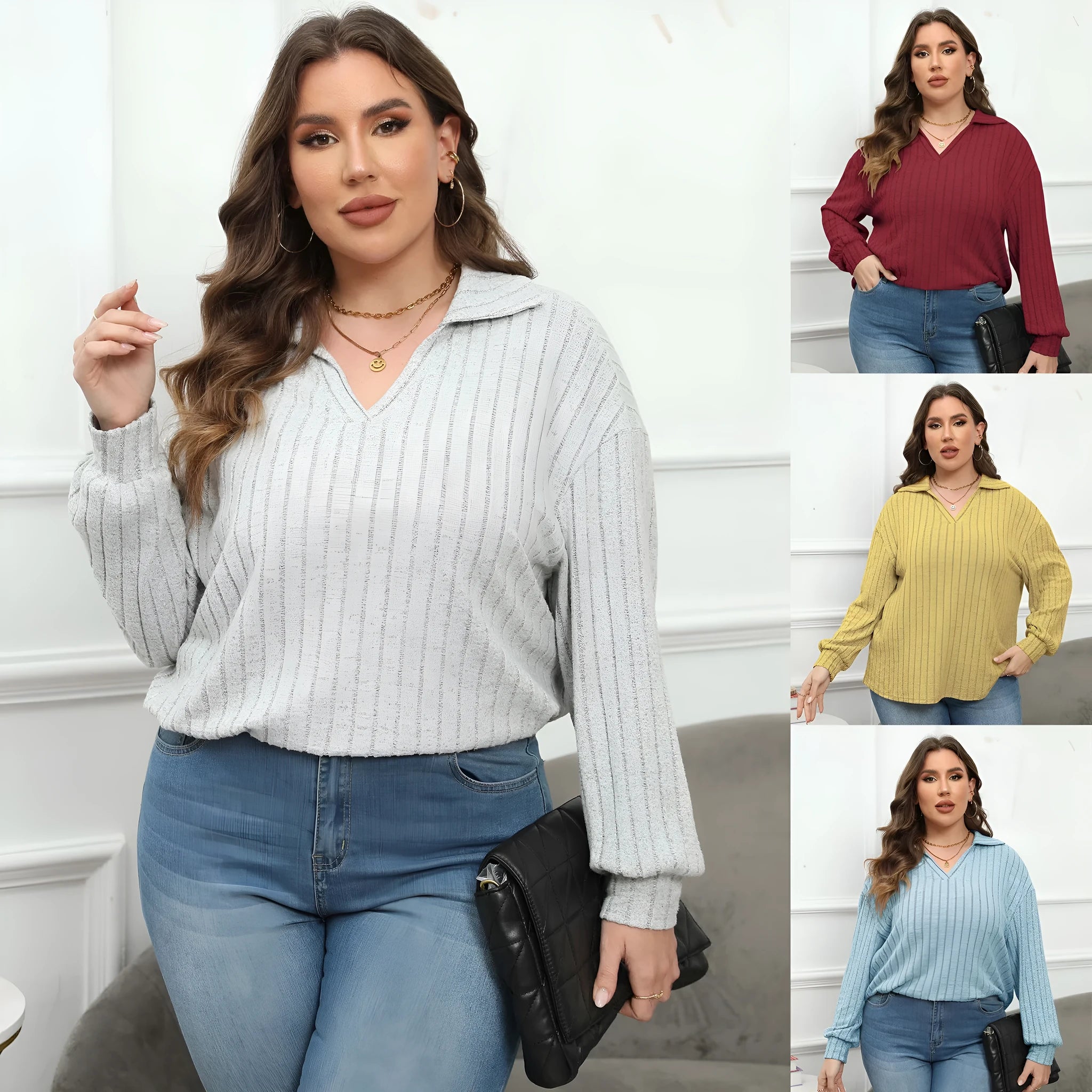 Women's plus size polo collar gothic shirt with lantern sleeves in melange gray fleece
