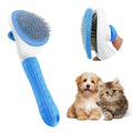 Blue cat grooming brush with release button for removing pet hair