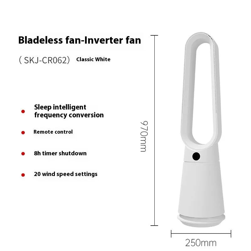 White SK bladeless tower fan with touch screen control panel for home or office desktop cooling