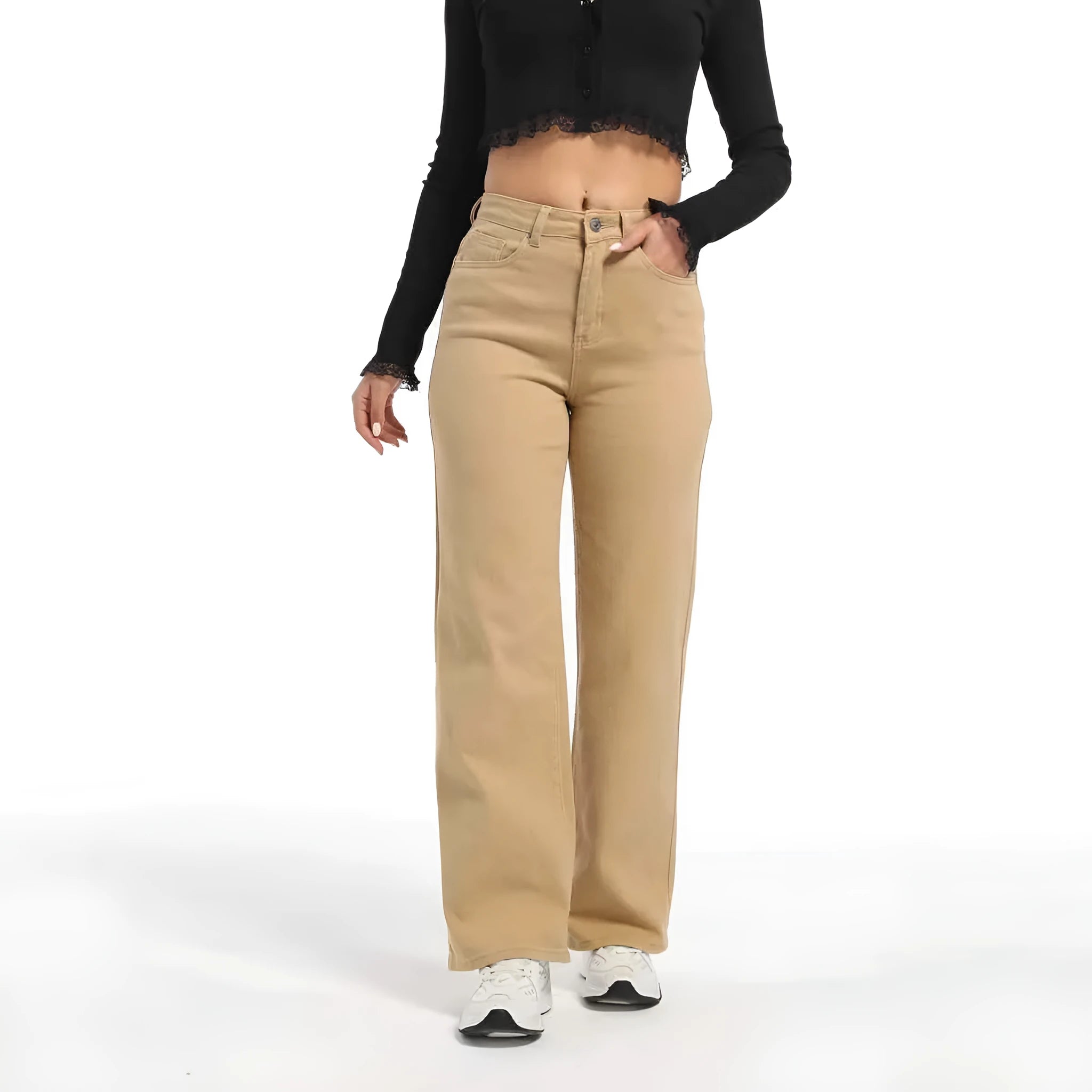 Women's apricot straight wide-leg high-waisted cotton trousers on a hanger.