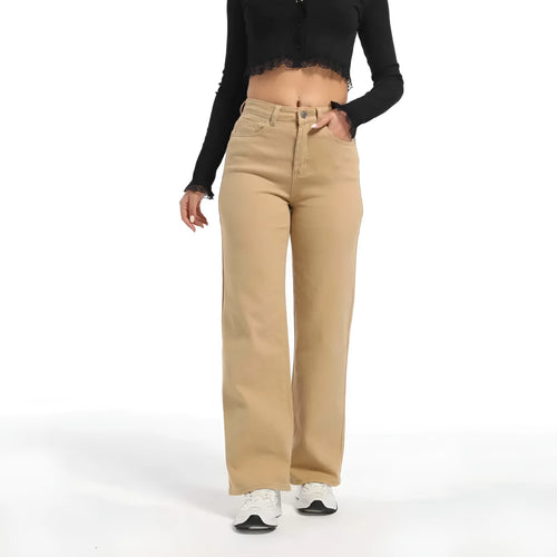 Women's apricot straight wide-leg high-waisted cotton trousers on a hanger.