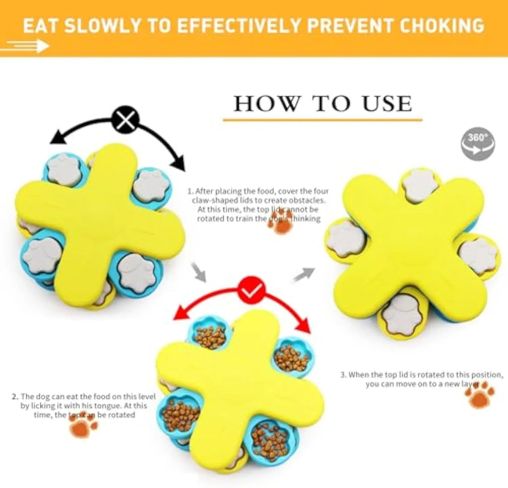 Yellow three-layer rotating dog puzzle feeder with anti-slip base for slow feeding and mental stimulation