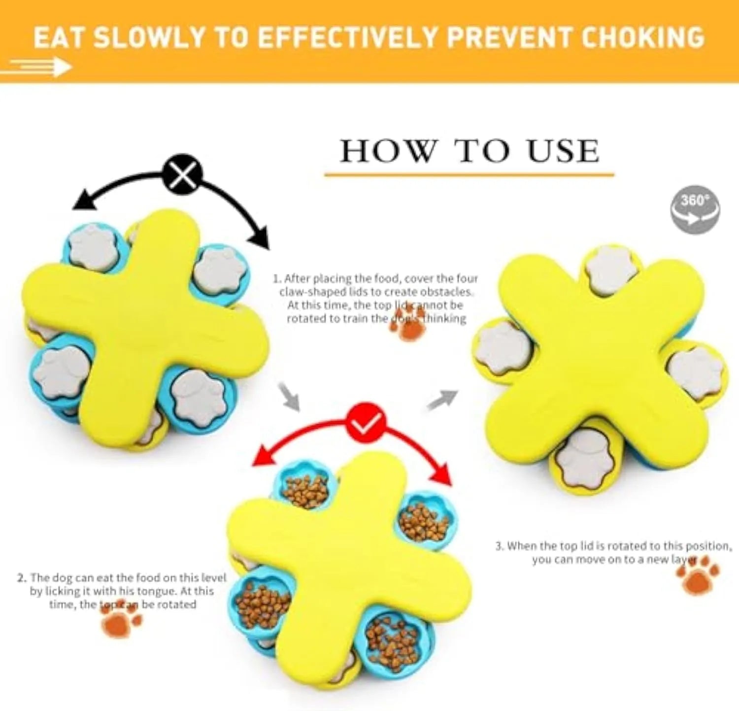 Yellow three-layer rotating dog puzzle feeder with anti-slip base for slow feeding and mental stimulation