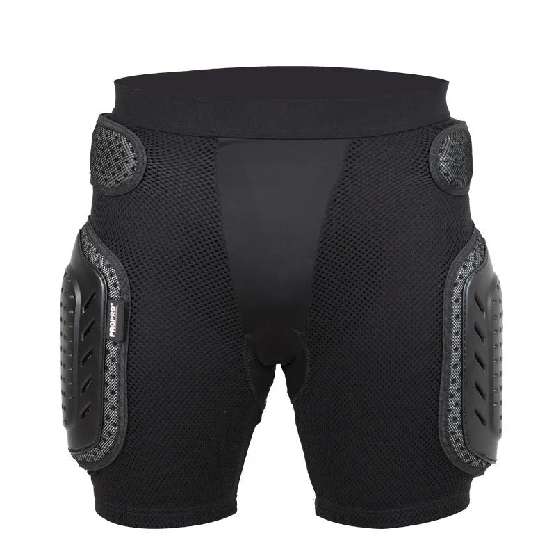 Black cycling hip protection pants with foam padding in sizes S, M, L, XL