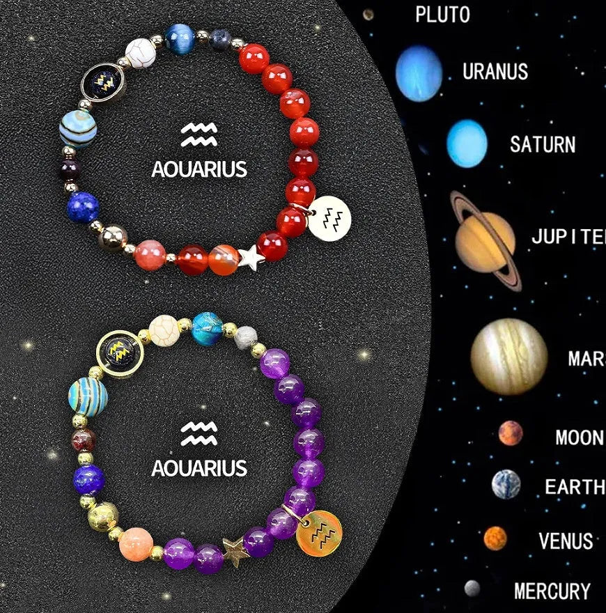 Natural stone beaded bracelets showing zodiac sign designs for all twelve star symbols