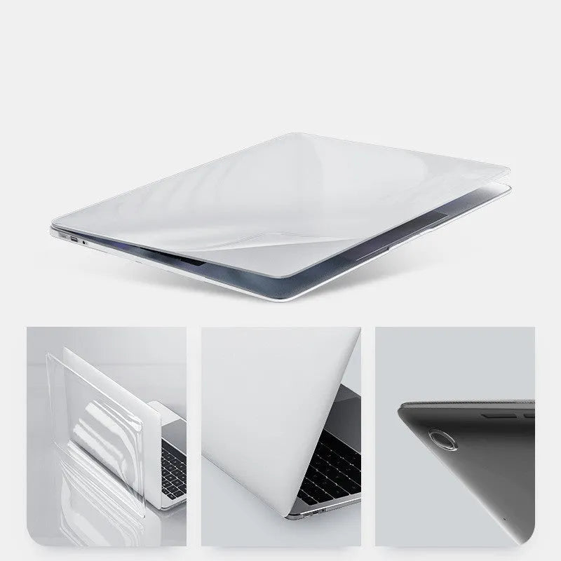 Transparent and black PC hard shell protective cases for MacBook Pro 14 inch and 16 inch laptops.