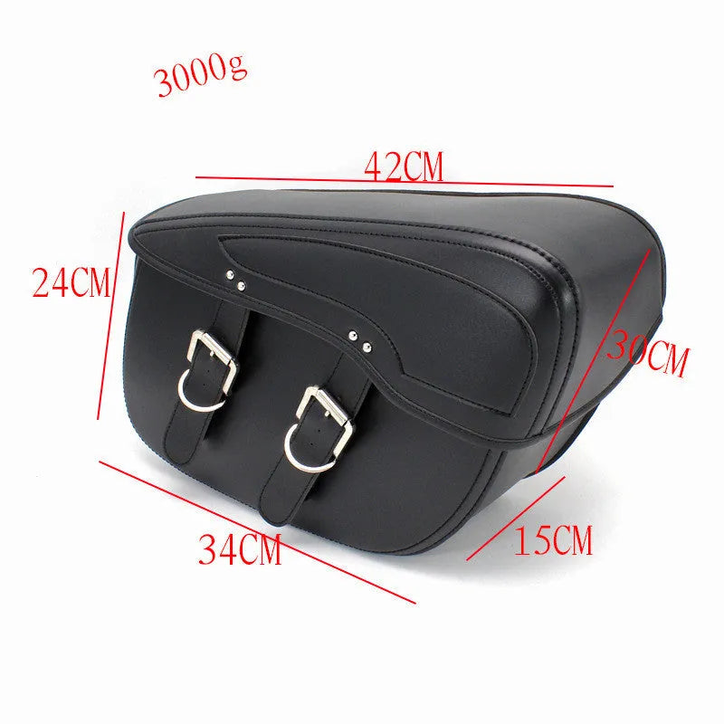 Black retro style PU leather motorcycle saddle bag mounted on a bike side.