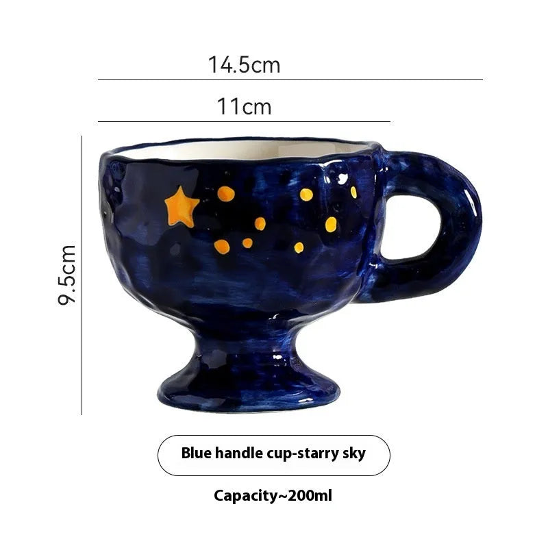 Hand-pinched irregular ceramic mug in solid colour with modern simple style, shown from side angle