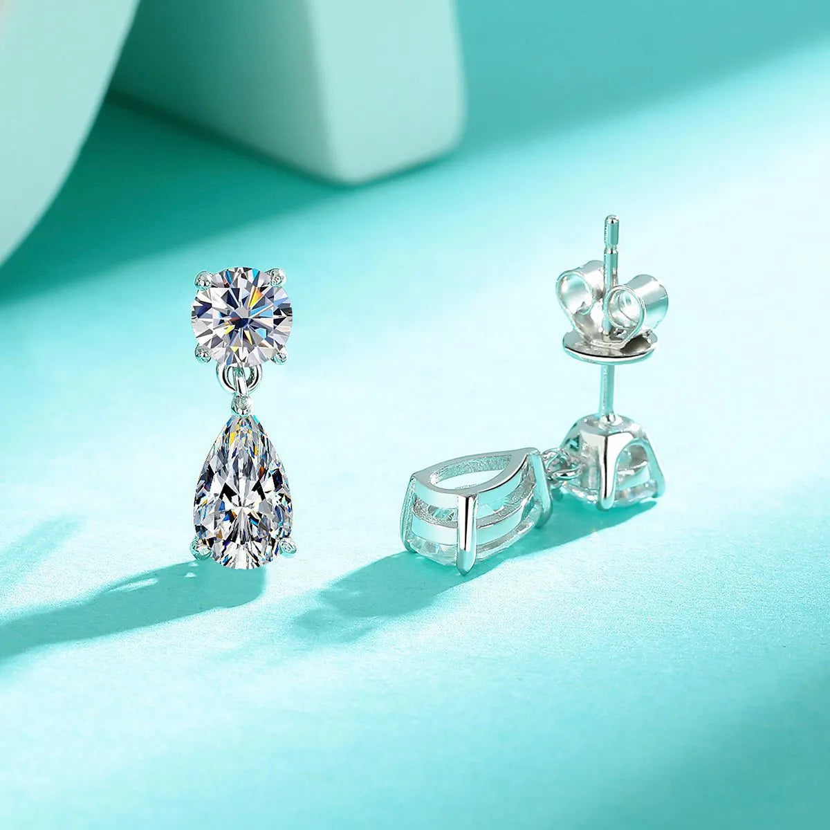 925 sterling silver geometric stud earrings with round and water drop moissanite stones in gold or silver plating