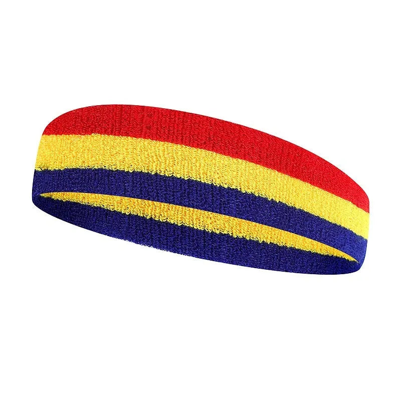 Multi-colour striped sports headband for adults shown in a 5.5 by 20 cm size.