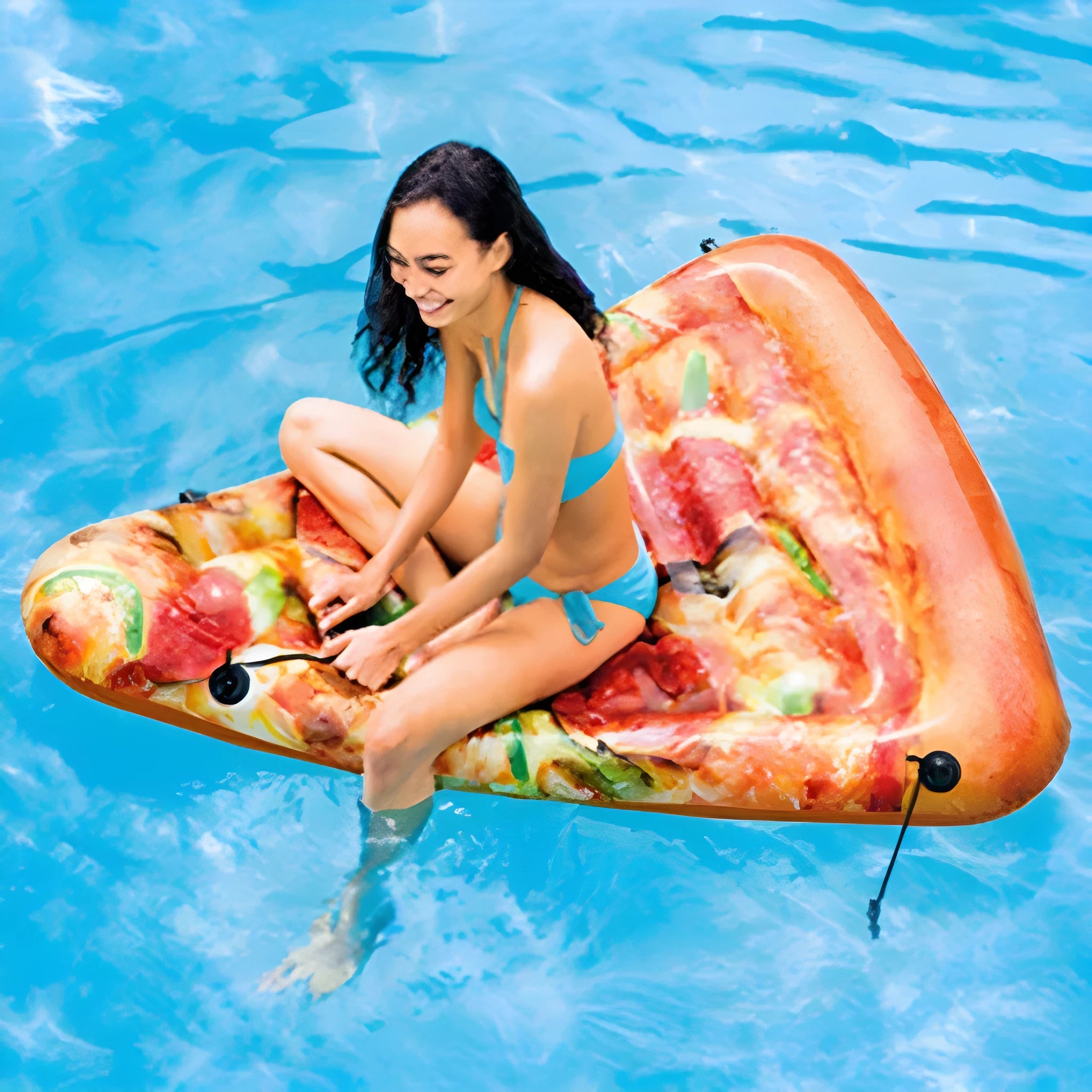 Pizza-shaped inflatable surfboard lounger for pools and beaches