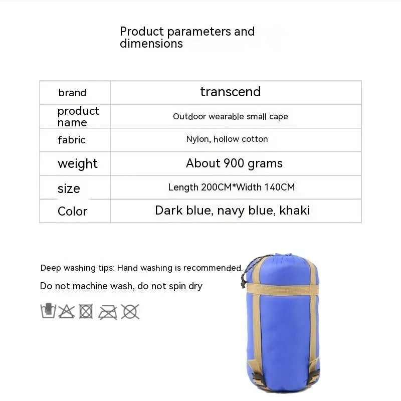 Army Green outdoor cloak sleeping bag wearable camping blanket showing cape and blanket functions