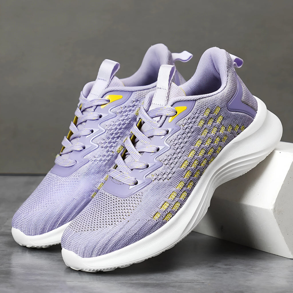 Women's lavender purple Flyknit running shoes with striped pattern and EVA sole