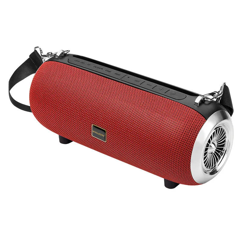 F666 portable Bluetooth speaker in black with shoulder strap showing controls and connectivity ports
