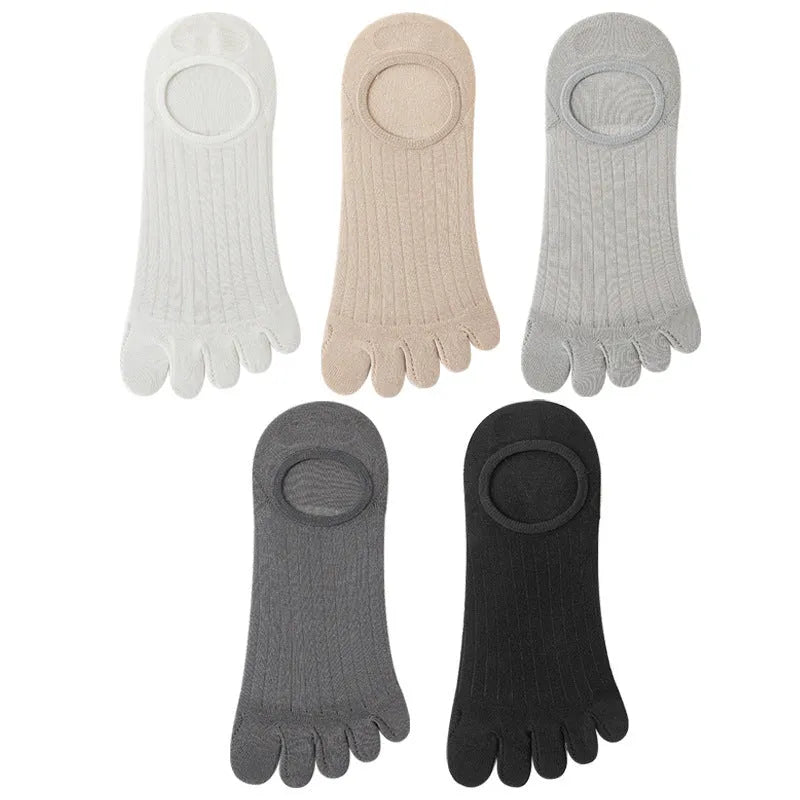 Modal cotton five-finger ultra-thin breathable boat socks in black, shown in a flat lay.
