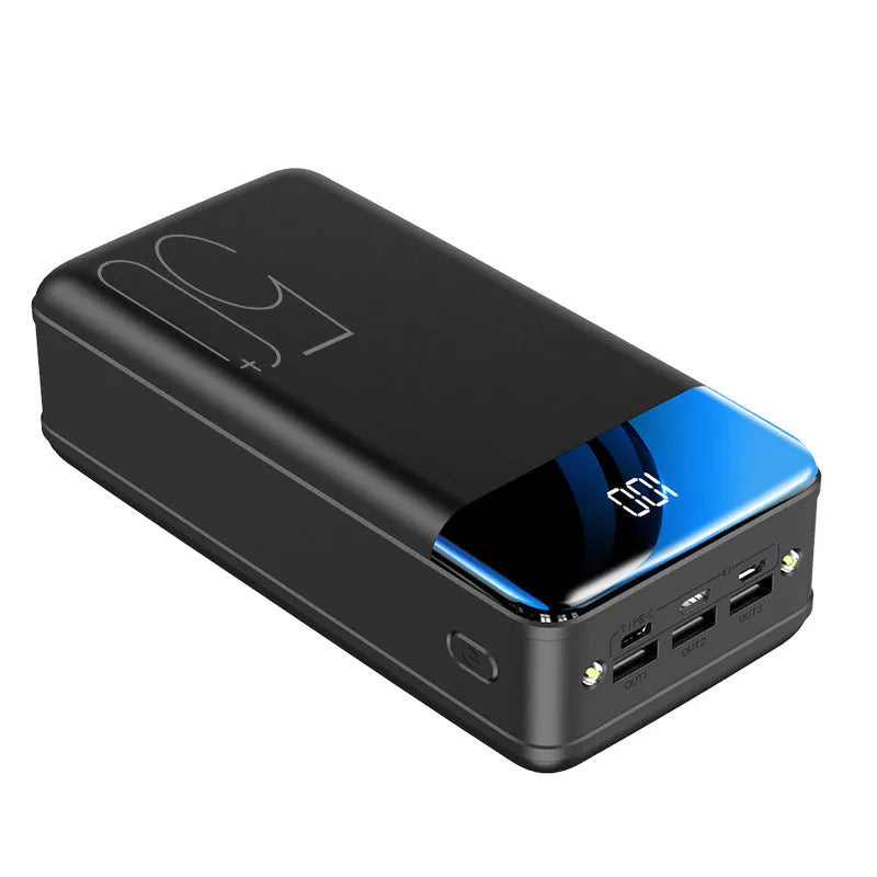 Black and white 50000mAh power bank with three USB output ports showing dimensions 169x83x52mm