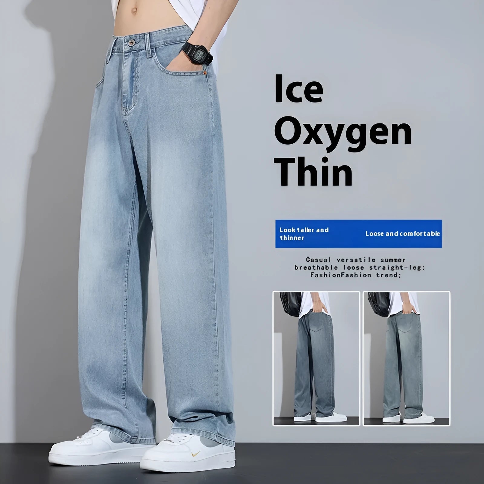 Straight-leg trousers in thin ice silk denim with wide-leg casual styling and zip fly