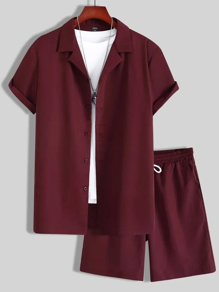 Man wearing a white short sleeve Cuban collar shirt and matching shorts from a lightweight polyester sport suit set.