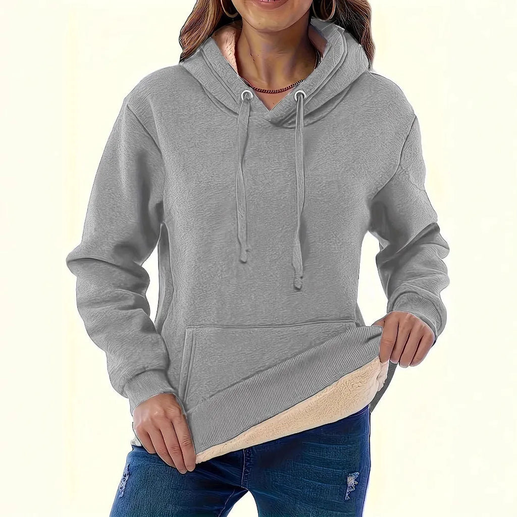 Women's thick grey hooded pullover sweater with 3D pattern and front pockets
