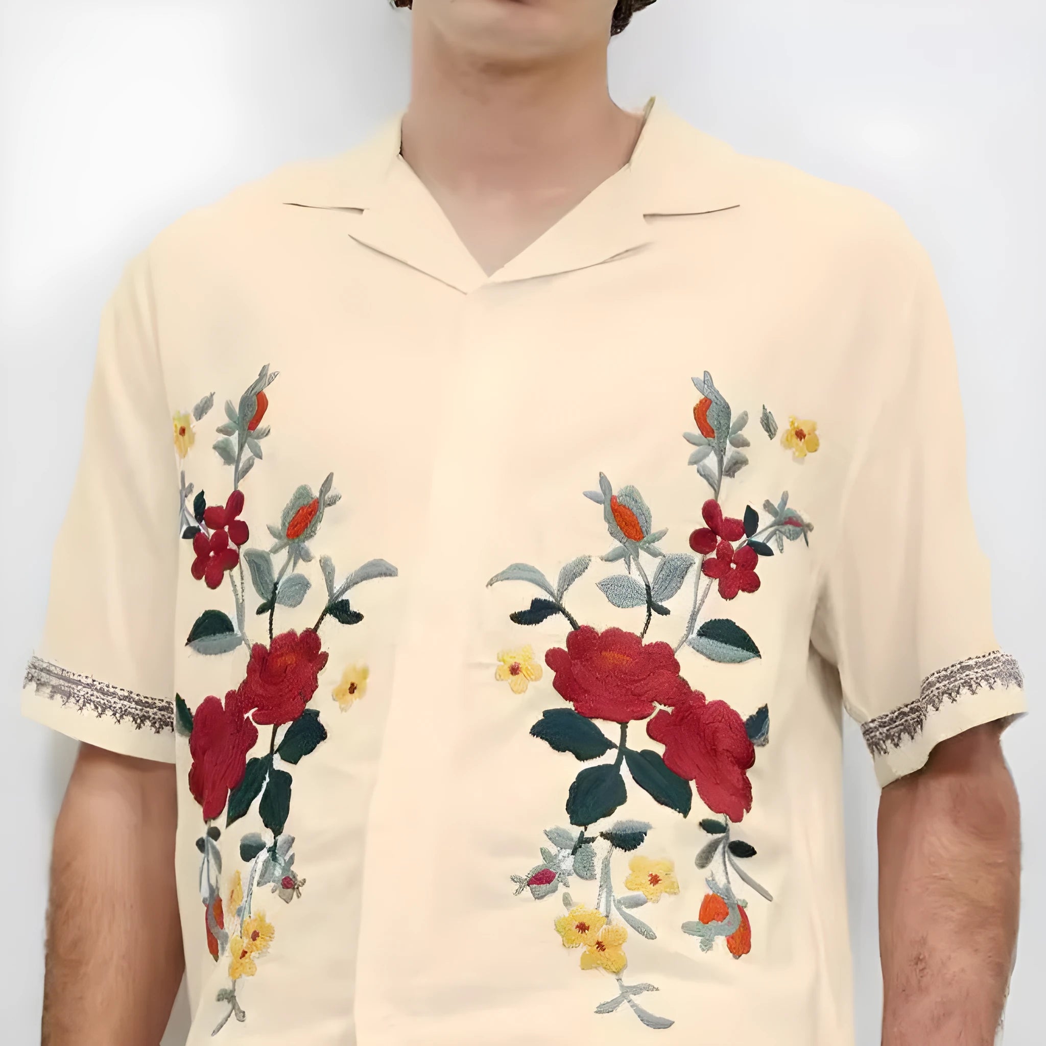Men's apricot summer shirt with vintage floral print and loose fit