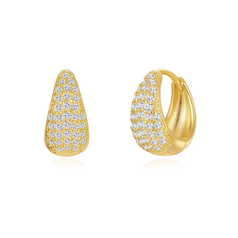 Geometric brass diamond earclip earrings with round accents in golden electroplated finish