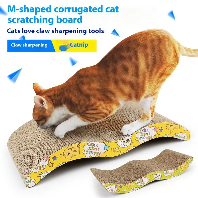 Corrugated cardboard cat scratch board showing seven different shape designs