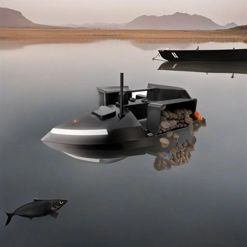 V020 GPS remote control fishing boat in luminous yellow with remote controller, showing LED light and drip bait function.