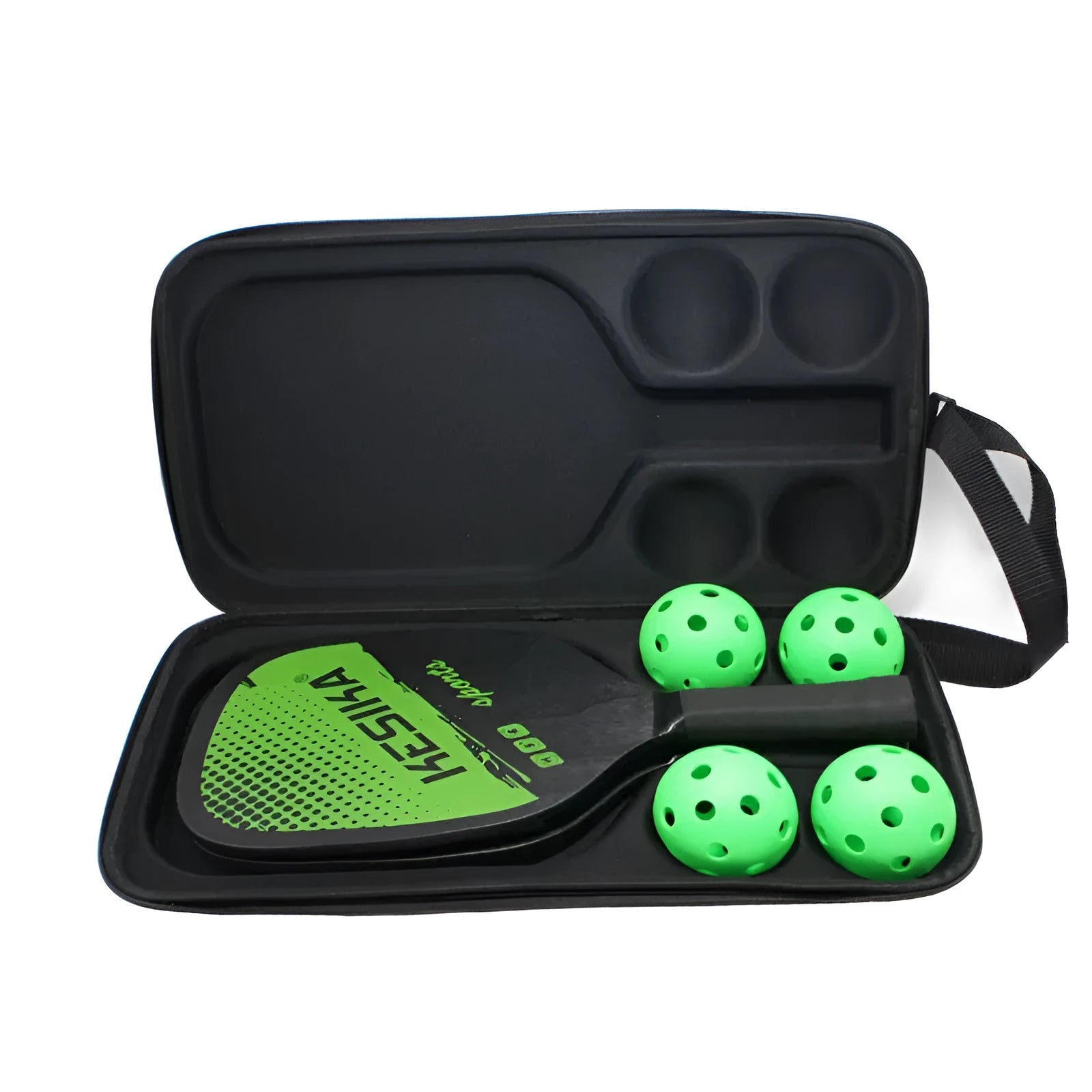 Black waterproof pickleball storage bag with two shoulder straps, showing size relative to a racket and balls.