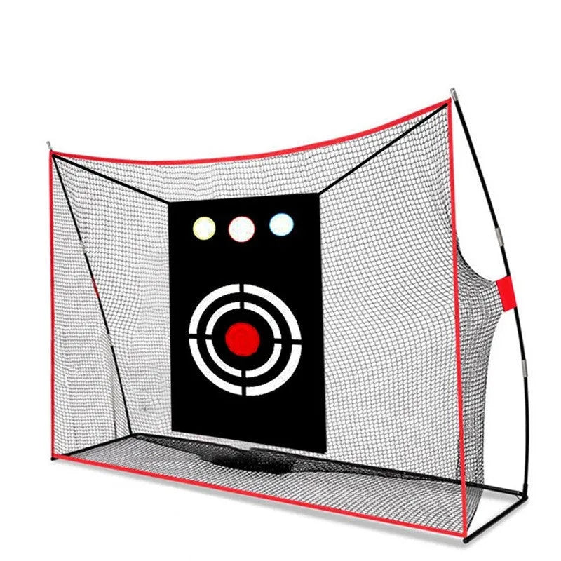 Golf wedge training net with 3-hole design on straw mat with practice balls and accessories