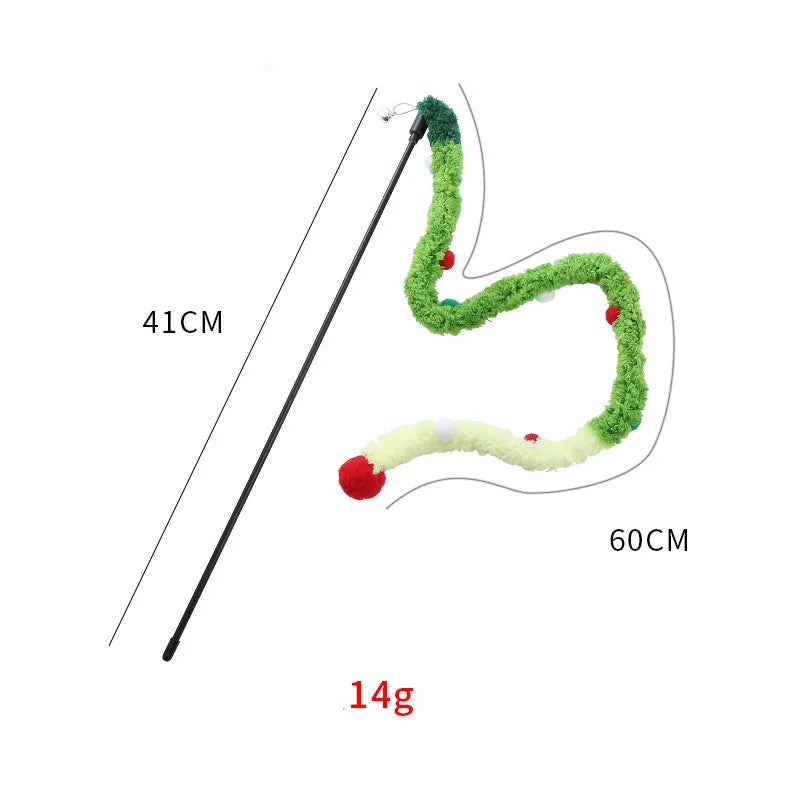 Blue green pink plush strip cat wand toy with 41cm pole and 60cm colourful strip with fluffy bell ball