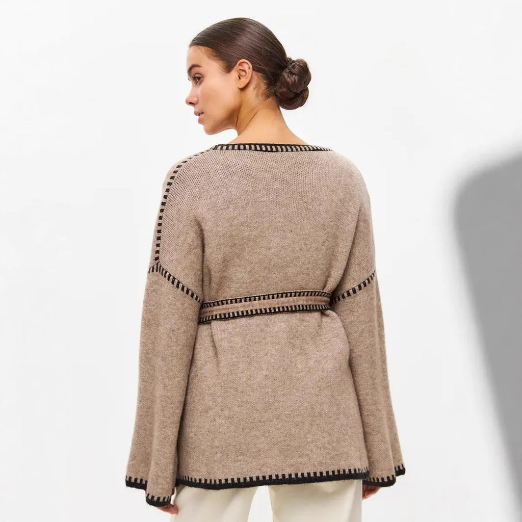 Lace-up front knitted cardigan in imitation cashmere cotton blend fabric in camel colour