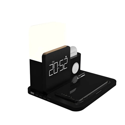Dark green foldable 3-in-1 wireless charging stand with phone, watch, and earbuds charging simultaneously
